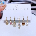 Golden moon and star earring set with colorful zircons and pearl pendants - 6-Piece Star Moon Christmas Tree Artificial Pearl Earring Collection(S-E1767) / Gold