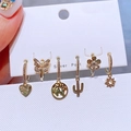 6-piece gold earring set with heart and butterfly charms on a white display card - Heart Butterfly Cactus Sun Flower Collection (with Silver Earring Post) (S-E1769)