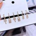 6-piece gold earring set with rhinestone heart key, lock, and letter B charms - Rhinestone B-Letter Lock Key Heart Collection (S-E1770)