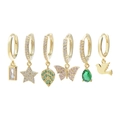 Golden hoop earring set with diverse charms including stars, butterflies and crystals - Butterfly Bird Star Green Stone Pendant Collection (S-E1778)