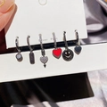 Silver post earring set featuring lucky charms, red hearts and black smile pendants - LUCKY Smiley Heart Red Enamel Collection (with Silver Earring Post) (S-E1779)