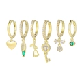 Set of 6 gold earrings with moon, heart, and green gemstone pendants for women - Rose Feather Green Emerald Pendant Set (S-E1789)