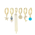 6-piece gold earring set featuring starfish, jellyfish, and sun charms with blue stones - Starfish Jellyfish Sun Dolphin Artificial Pearl Collection (S-E1791)