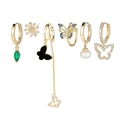 Set of 6 gold earrings featuring butterfly, daisy, and pearl drops with colorful crystals - Butterfly Daisy Artificial Pearl Blue Gem Collection (S-E1797)