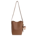 Dark brown leather bucket bag with adjustable strap and plush bear charm decoration - With Pendant / Brown