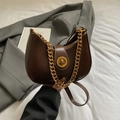 Dark brown leather half-moon shoulder bag with chunky gold chain and metal buckle - Brown