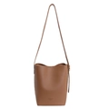 Classic brown bucket bag in lychee pattern leather with adjustable shoulder strap - No Pendant / Brown