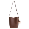 Brown lychee leather bucket bag with shoulder strap and leopard print bear charm - With Pendant / Brown