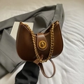 Brown faux leather half-moon underarm bag with gold chain and metal twist lock - Brown