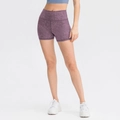 Damen Yoga-Shorts mit hoher Taille, lila Marmor-Batikmuster und elastischer Passform - S / Purpurrot Gefleckt