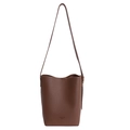 Brown litchi grain leather bucket bag with adjustable strap and front logo print - No Pendant / Brown