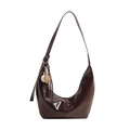 Retro chocolate brown croissant hobo bag in glossy leather with baseball charm - With Pendant / Brown
