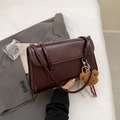 Vintage dark brown oil wax leather shoulder bag with a cute bear plush charm - One Size / Burgundy