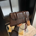 Dark brown oil wax leather square bag with vintage charm and cute teddy bear charm - One Size / Brown