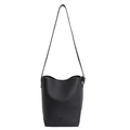 Minimalist black leather bucket bag with litchi texture and adjustable shoulder strap - No Pendant / Black