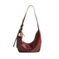 Dark burgundy patent leather hobo bag with sporty baseball charms and glossy mirror finish - With Pendant / Red