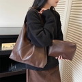 Grand sac cabas vintage marron foncé avec pochette zippée assortie pour femmes - Grand Sac Cabas avec Pochette / café