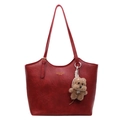 Grande borsa tote vintage rosso scuro con trama in pelle e ciondolo a forma di orso - Con Ciondolo / Rosso