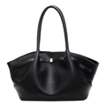 Retro black leather underarm tote bag with litchi grain and gold metal buckle - Black