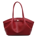 Deep red pebbled leather tote bag for women with unique curved design and metal lock - Red