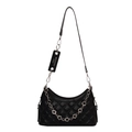 Quilted crossbody bag with flower-shaped silver chain and brand tag on white background - Black