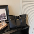 Large black matte leather tote bag with decorative metal buckle and shoulder strap - Without Pendant / Black