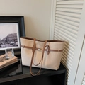 Large beige frosted tote bag with dark brown straps and buckle detail for women - Without Pendant / Off White