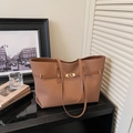 Caramel large capacity tote bag in matte faux suede with decorative belt and metal buckle - Without Pendant / Brown