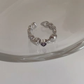 Detail of silver chain ring featuring a purple heart gemstone and 3D mini bear accents - Heart Irregular Ring / Silver/Purple