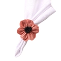 Fringed peach flower napkin ring with black bead center on white cotton linen napkin - Pink