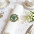 Rond de serviette doré exquis avec grande pierre verte et strass sur serviette blanche - Style Rond Vintage Turc (ZWZ-CNR-611) / Or + Vert