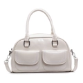Borsa a mano in pelle PU bianco crema con due tasche frontali e dettagli intrecciati - Bianco Sporco