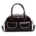 Borsa Boston marrone scuro in vernice con cuciture a contrasto e doppi manici - caffè