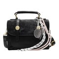 Retro black matte leather small square bag with unique braided charms and crossbody strap - With Pendant / Black