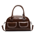 Chocolate brown leather bowling handbag with woven stitching and small front pockets - Brown