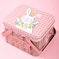 Pink Easter tin basket with bunny illustration and Happy Easter text for storage - Pink Plaid Style (Style A)