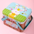 Easter basket tin box with rabbit print and blue handle for candy storage - Sky Blue Style (Style C)