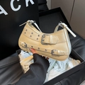 Chic beige underarm bag with silver rivets and buckle straps in Y2K style - White