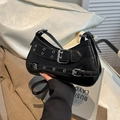 Chic black crescent underarm bag with silver rivet straps in y2k vintage style - Black