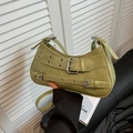 Olive green Y2K punk shoulder bag with silver eyelets and buckle straps on PU leather - Green
