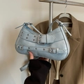 Light blue Y2K style faux leather shoulder bag with vintage silver metal buckles - Blue