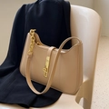 Minimalist beige half-moon underarm bag with gold chain strap and leather texture - Apricot