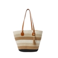 Striped woven straw tote bag with multi-color panels, brown straps, and tassel detail - Multi-color Striped (Style 1)