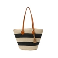 Straw tote bag with black and beige stripes, brown leather straps and tassel detail - Black Beige Striped (Style 2)