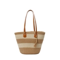 Beige and brown striped woven straw tote bag with brown leather handles and tassels - Brown Beige Striped (Style 3)