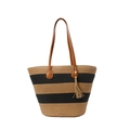 Large straw tote bag with black stripes, leather handles, and a decorative tassel - Black White Narrow Striped (Style 4)