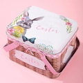 Pink Easter tin gift basket with rabbit illustration and picnic weave pattern - White Rabbit Style (Style F)