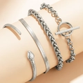 Detailed close-up of 4-piece silver stainless steel snake bone and toggle clasp bracelet set - Silver Style (F1072)