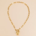 Halskette aus Gold-Edelstahl mit Büroklammerkette, OT-Verschluss und Kugelanhänger - Goldener Stil (C4453)
