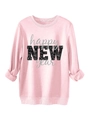 Detailansicht des rosa Sweatshirts mit Happy New Year Pailletten-Druck und Rollbündchen - Rosa